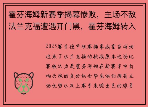 霍芬海姆新赛季揭幕惨败,主场不敌法兰克福遭遇开门黑,霍芬海姆转入球员